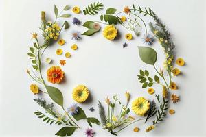 Flowers composition. Wreath made of various colorful flowers on white background photo