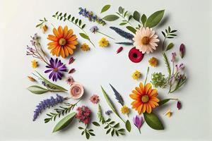 Flowers composition. Wreath made of various colorful flowers on white background photo