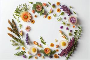 Flowers composition. Wreath made of various colorful flowers on white background photo