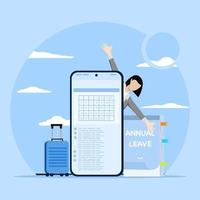 Time reminder concept or annual leave schedule, annual leave, holiday or vacation to rest and relax from hard work, happy businessman walking with luggage from calendar with annual leave notes. vector