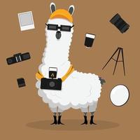 Cute funny lama cartoon alpaca photographer mascot animal hand drawn vector