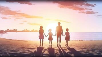 Family Vacation In Nature. Young Mom, Dad And Their Daughters And Son Meet At Sunset. Created with . photo
