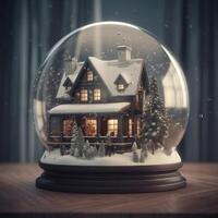 Merry christmas snow globe with a house on snowfall winter background. 3d illustration. Created with . photo