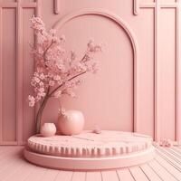 A realistic scene with a pedestal in pastel pink colors. Square platform with frosted glass and flowers in the background for product demonstration. Created with generative AI. photo
