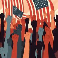 The concept of the struggle for rights and freedoms. Protest. Hands clenched into fists against the backdrop of the American flag. Flat illustration. Created with . photo
