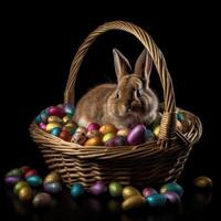Easter cute bunny sitting with basket of colored eggs on background of spring nature. Created with generative AI. photo