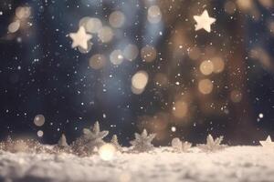 Christmas and New year theme background. Light blue blurred abstract background with snowflake. Created with . photo