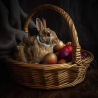 Pascua de Resurrección linda conejito sentado con cesta de de colores huevos en antecedentes de primavera naturaleza. creado con generativo ai. foto