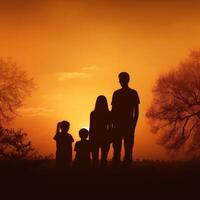 familia vacaciones en naturaleza. joven mamá, papá y su hijas y hijo reunirse a puesta de sol. creado con generativo ai. foto