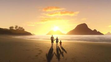 familia vacaciones en naturaleza. joven mamá, papá y su hijas y hijo reunirse a puesta de sol. creado con generativo ai. foto