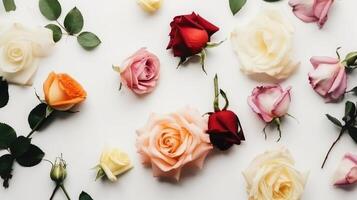 hermosa primavera ranúnculo flores en gris Roca mesa. floral borde. pastel color. saludo tarjeta para san valentin o mujeres día. creado con generativo ai. foto