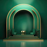 Abstract geometric shape dark green color minimalistic scene with podium, vase and gold flowers. Design for cosmetic or product identity. 3d render. Created with . photo