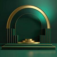 Abstract geometric shape dark green color minimalistic scene with podium, vase and gold flowers. Design for cosmetic or product identity. 3d render. Created with . photo