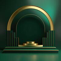 Abstract geometric shape dark green color minimalistic scene with podium, vase and gold flowers. Design for cosmetic or product identity. 3d render. Created with . photo