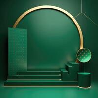 Abstract geometric shape dark green color minimalistic scene with podium, vase and gold flowers. Design for cosmetic or product identity. 3d render. Created with . photo