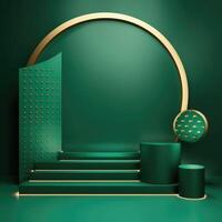 Abstract geometric shape dark green color minimalistic scene with podium, vase and gold flowers. Design for cosmetic or product identity. 3d render. Created with . photo