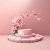 A realistic scene with a pedestal in pastel pink colors. Square platform with frosted glass and flowers in the background for product demonstration. Created with . photo