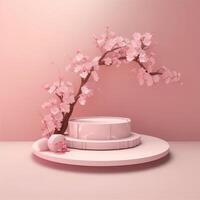 A realistic scene with a pedestal in pastel pink colors. Square platform with frosted glass and flowers in the background for product demonstration. Created with . photo