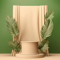 Minimal white scene with geometric shapes and green palm leaves. Cylindrical podium on a yellow background. Tropical leaves. Created with . photo