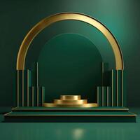 Abstract geometric shape dark green color minimalistic scene with podium, vase and gold flowers. Design for cosmetic or product identity. 3d render. Created with . photo
