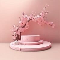 A realistic scene with a pedestal in pastel pink colors. Square platform with frosted glass and flowers in the background for product demonstration. Created with . photo