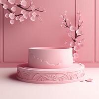 A realistic scene with a pedestal in pastel pink colors. Square platform with frosted glass and flowers in the background for product demonstration. Created with . photo