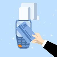 digital or electronic transaction concept, Contactless Payment. Human hand holding credit or debit card near POS terminal to pay. Transactions with NFC technology. Vector illustration