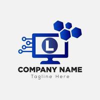 Computer Tech Logo On Letter L Template. Connection On L Letter, Initial Computer Tech Sign Concept vector