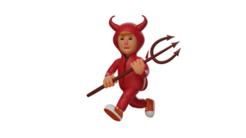 3d illustratie. charmant duivel 3d tekenfilm karakter. een rood demon in een wandelen houding terwijl draag- een drietand. de dapper duivel is vergadering zijn tegenstander. 3d tekenfilm karakter png