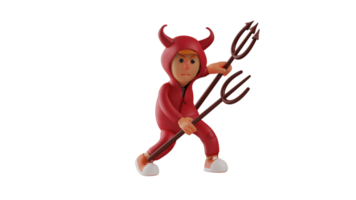 3D illustration. Young Devil 3D Cartoon Character. Devil with a furious expression carries two long tridents to fight. The red devil is ready to attack the opponent. 3D cartoon character png