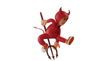 3d illustrazione. raccapricciante diavolo 3d cartone animato carattere. il rosso demone nel il posa salti e attacchi. il demone attacchi il nemico utilizzando un' lungo tridente. 3d cartone animato personaggio png