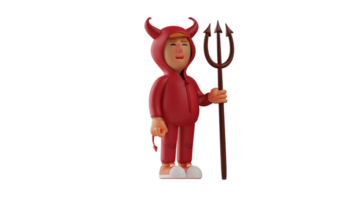 3d illustrazione. contento diavolo 3d cartone animato carattere. il rosso diavolo si fermò su mentre Tenere il suo orgoglioso tridente. il carino diavolo sorrise con un adorabile espressione. 3d cartone animato personaggio png