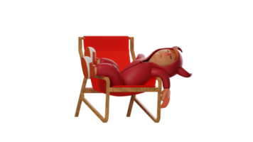 3D illustration. Tired Devil 3D Cartoon Character. The sleepy red devil is sleeping on the red chair. The devil is resting after fighting his enemy. 3d cartoon character png
