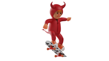 3d illustrazione. allegro diavolo 3d cartone animato carattere. poco diavolo giocando skateboard. il diavolo si sente bene per giocare con come lui piace 3d cartone animato personaggio png