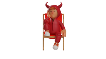 3D illustration. Little Devil 3D Cartoon Character. Little devil is tired and resting. The red devil sat with one leg up. Satan closed his eyes and propped his head with one hand. 3d cartoon character png