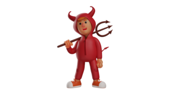 3D illustration. Handsome Red Devil 3D Cartoon Character. A handsome demon carrying a trident. A crimson demon with a serious face prepared to fight its enemy. 3D cartoon character png