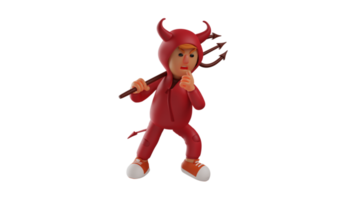 3D illustration. Cool Devil 3D Cartoon Character. Satan carries a trident on his shoulder. A red devil with a ferocious face. Satan looks very scary when dealing with opponents. 3D cartoon character png