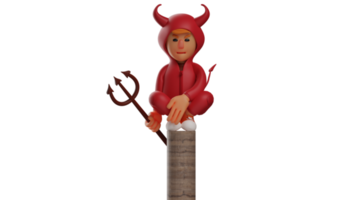 3D illustration. Calm Devil 3D Cartoon Character. The devil sits cross-legged on a high rock. The devil carries a trident and shows a thoughtful expression. 3d cartoon character png