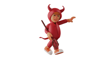 3D illustration. Angry Devil 3D Cartoon Character. The red demon carries the trident upside down. A crimson demon with an angry expression and spread out an arm. 3D cartoon character png