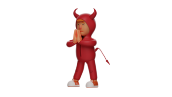 3D illustration. Red Devil 3D Cartoon Character. Red devil stood while cupping his hands in front of his chest. little devil closed his eyes and lowered his head slightly. 3d cartoon character png