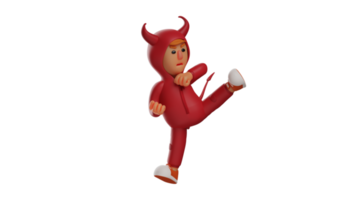 3d ilustração. bravo diabo 3d desenho animado personagem. a vermelho diabo é brigando dele inimigo. uma demônio com uma chutando pose e uma muito sério facial expressão. 3d desenho animado personagem png