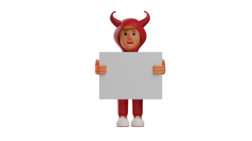 3d Illustration. rot Teufel 3d Karikatur Charakter. das rot Teufel ist halten ein breit Weiß Papier. das wenig Junge ist tragen ein rot Teufel Kostüm mit ein überrascht Ausdruck. 3d Karikatur Charakter png