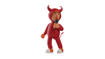 3D illustration. Talented Devil 3D Cartoon Character. Cute devil is holding a microphone and singing. The little devil loves to sing. The devil sings with passion. 3d cartoon character png