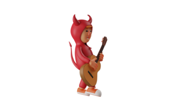 3D illustration. Talented Boy 3D Cartoon Character. The talented devil is playing the guitar. Satan playing music while facing sideways. 3d cartoon character png