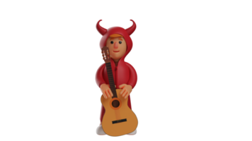 3D illustration. Handsome Devil 3D Cartoon Character. Adorable devil holding a guitar. The handsome devil smiled kindly facing forward. The devil prepares to play music. 3d cartoon character png