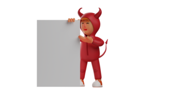 3D illustration. Smart Red Devil 3D Cartoon Character. The red devil stood while carrying a large white paper. The red devil pointed at the paper he was carrying. 3d cartoon character png