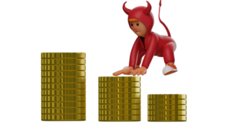 3D illustration. Successful Devil 3D Cartoon Character. Satan crawling over a pile of gold coins. Devil is happy because he managed to collect a lot of money. Rich devil is happy. 3D cartoon character png