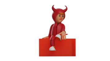 3d illustratie. ontspannen duivel 3d tekenfilm karakter. duivel in een houding zittend Aan een rood doos. de rood demon opgeheven een been omhoog en keek heel ontspannen. 3d tekenfilm karakter png