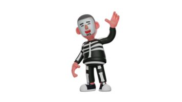 3D illustration. Friendly Skeleton 3D Cartoon Character. The skeleton man carrying waved his hand towards his friend. Skeleton smiled sweetly. Skeleton boy looks happy. 3D cartoon character png