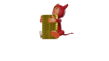 3D illustration. Rich Devil 3D Cartoon Character. A devil in a sitting pose and hugging a pile of gold coins. The red devil succeeded in getting rich. 3D cartoon character png